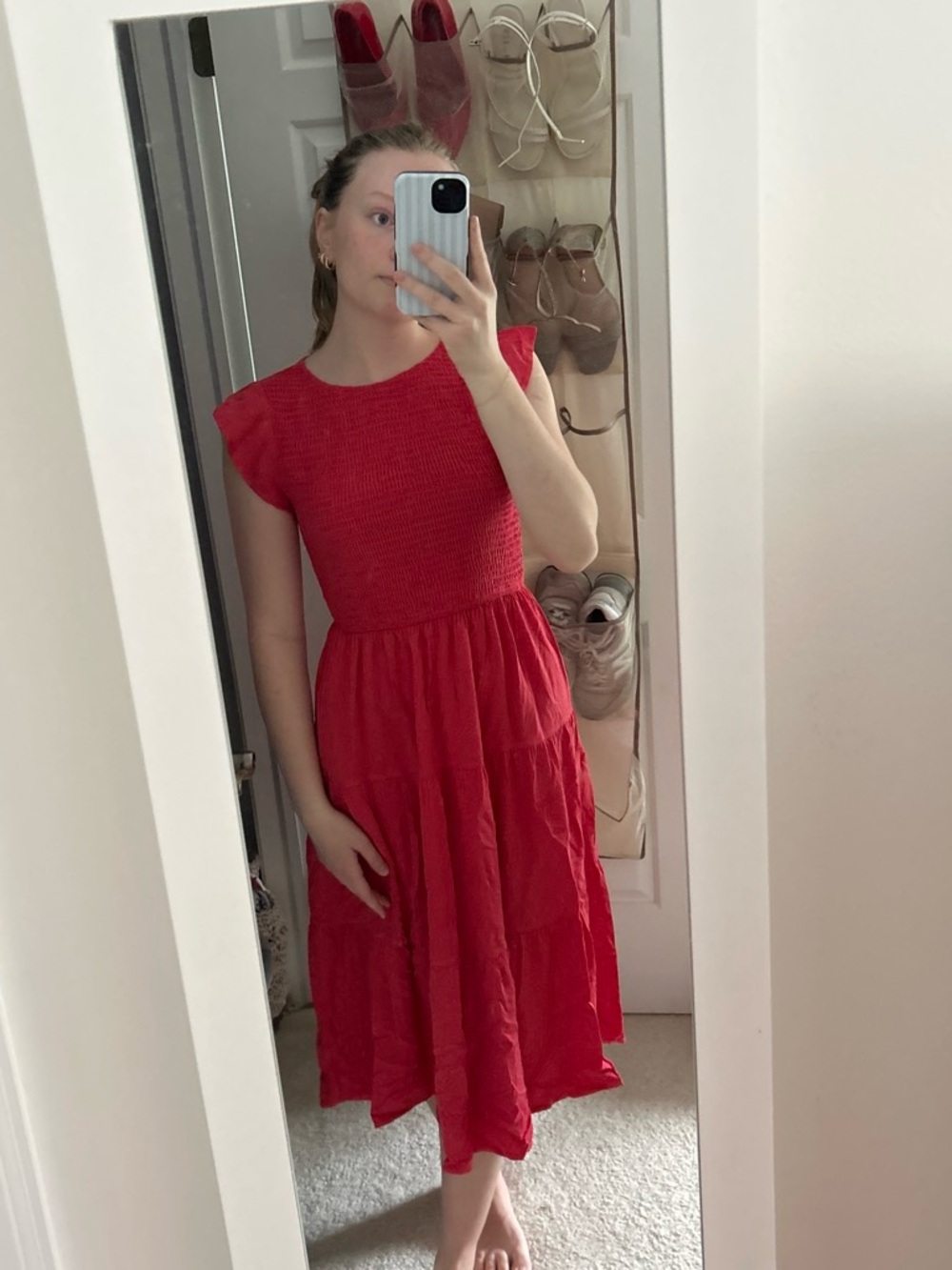 Smocked Red Midi Dress with Flutter Cap Sleeves